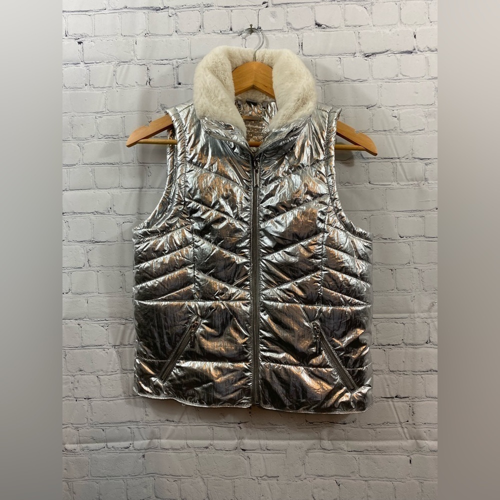 Jou Jou Girls Silver Puffed Full Zip Faux Fur Collar Vest Jacket Size Large